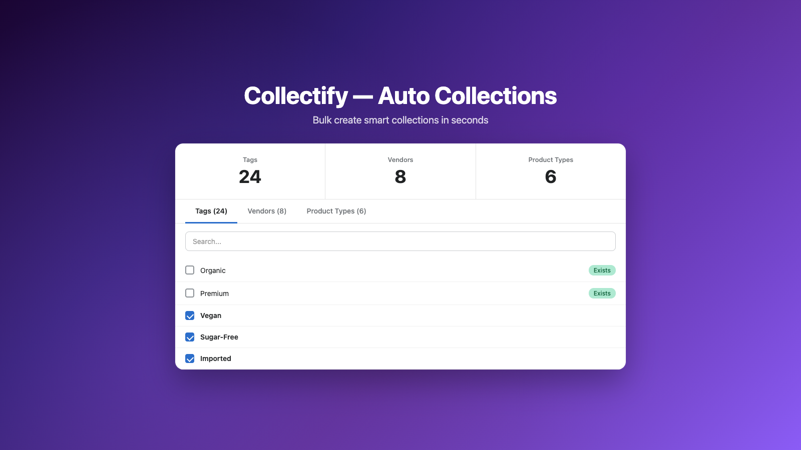 Bulk create smart collections from tags, vendors, and types