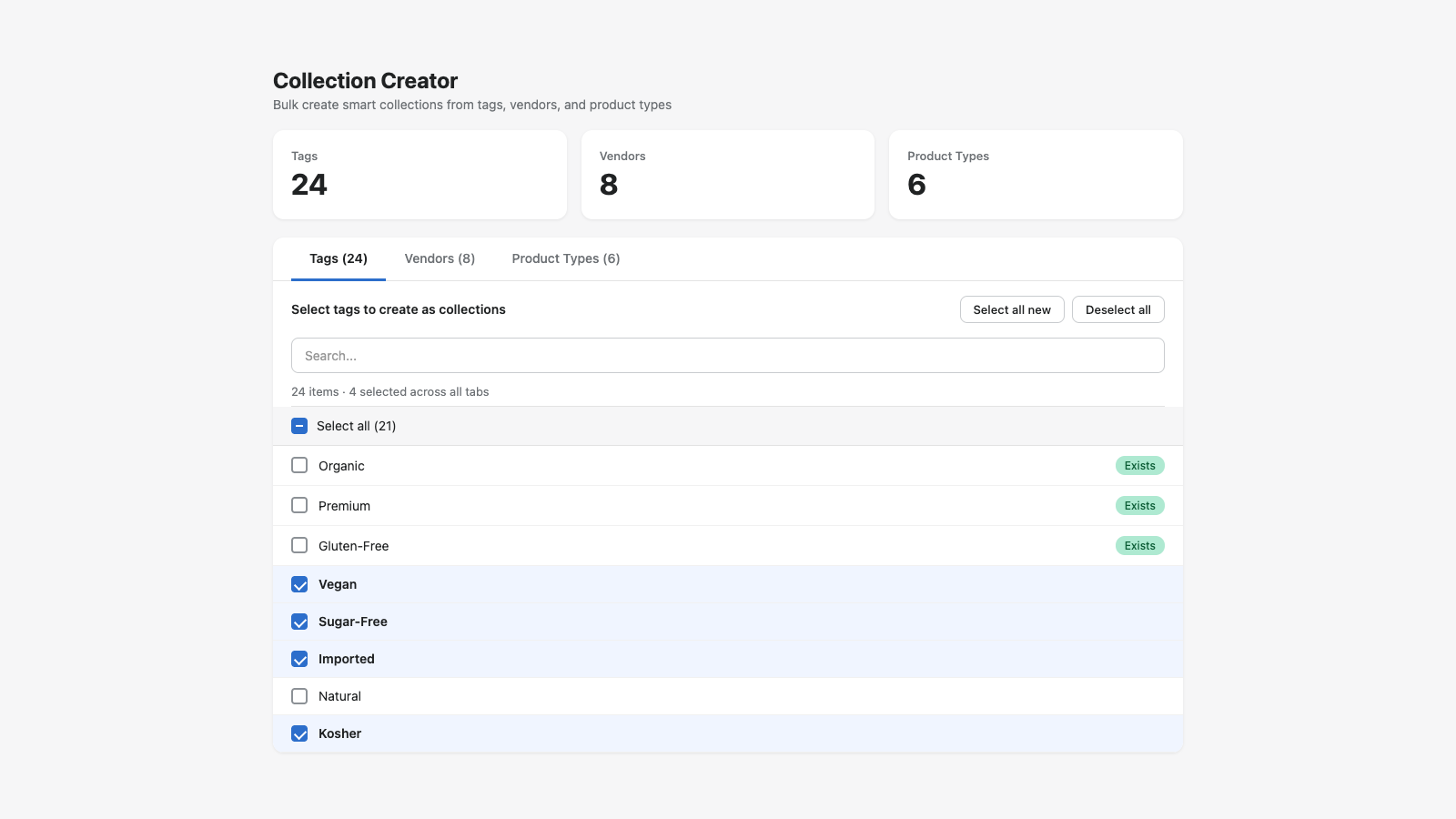 Tags tab with selectable product tags and existing badges