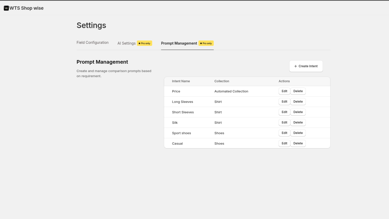Prompt Management - Settings page