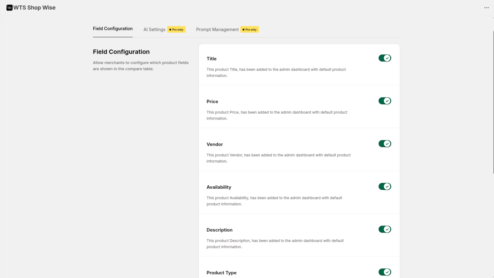 Field Configuration - Settings page