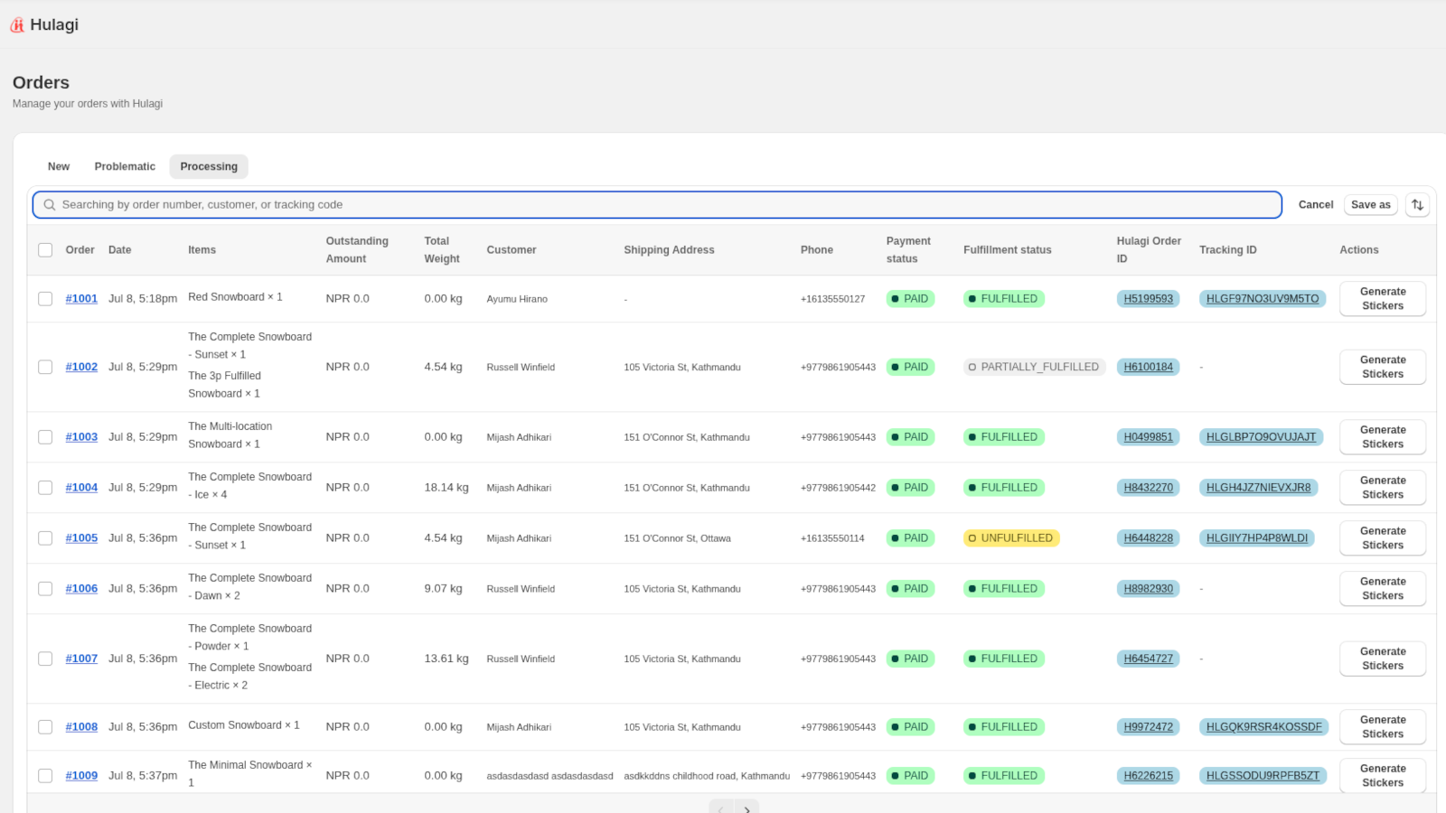 List of orders being processed through Hulagi 3PL