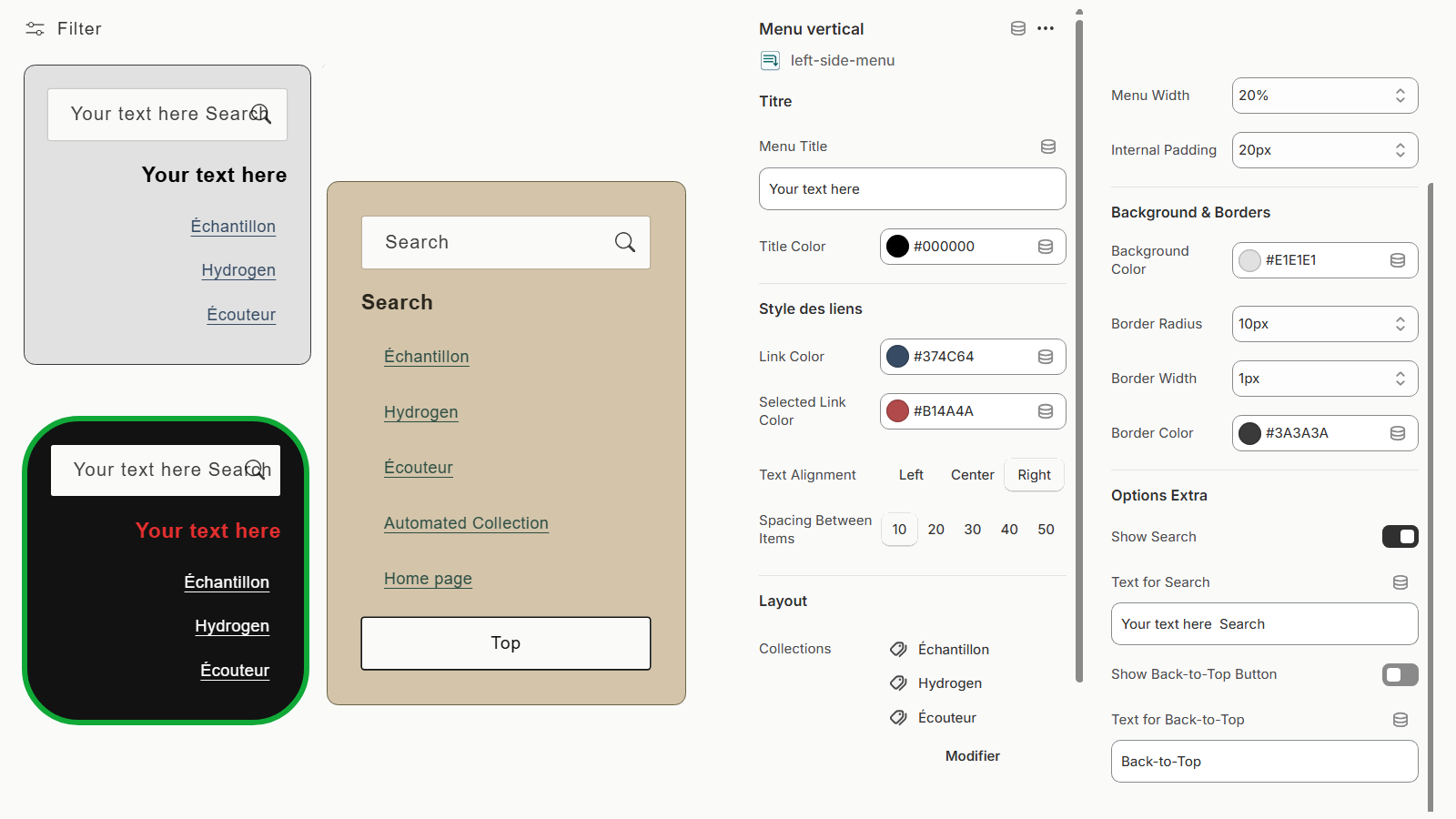 customisation menu next to product grid
