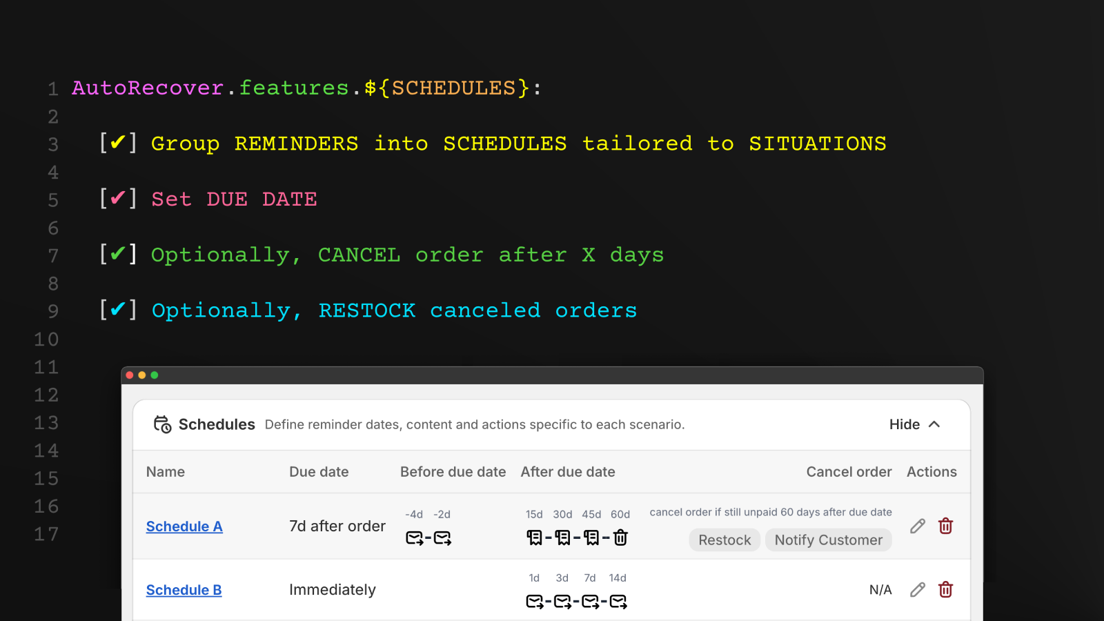 Schedules allow you to group reminders and late fees