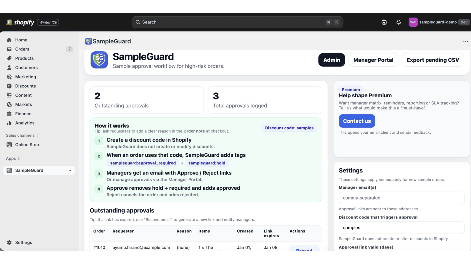 SampleGuard approval dashboard for managing sample orders