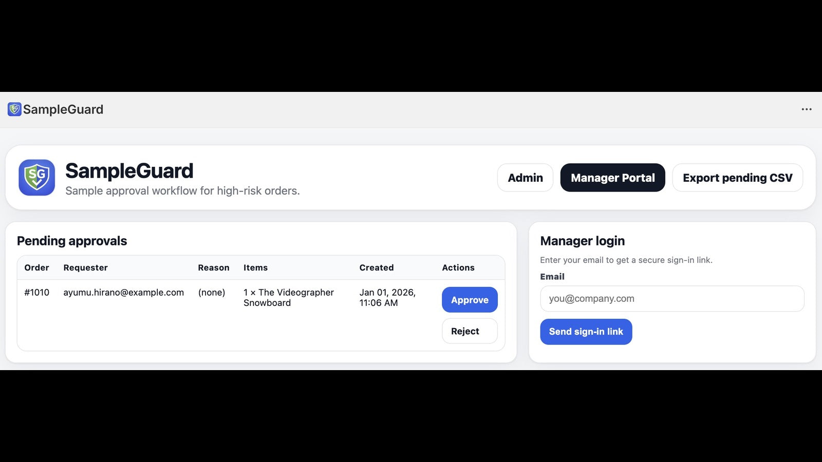Secure manager approval screen for pending sample orders
