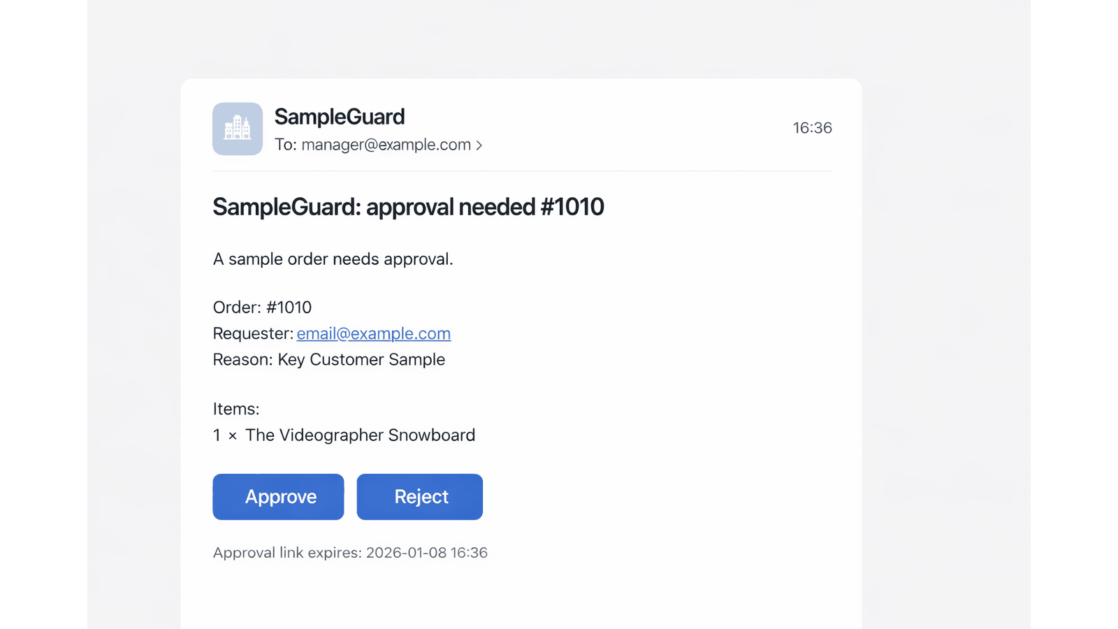 Approval email with one-click approve and reject links