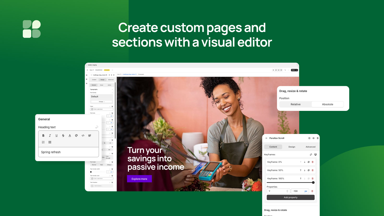 Create custom pages and sections with a visual editor