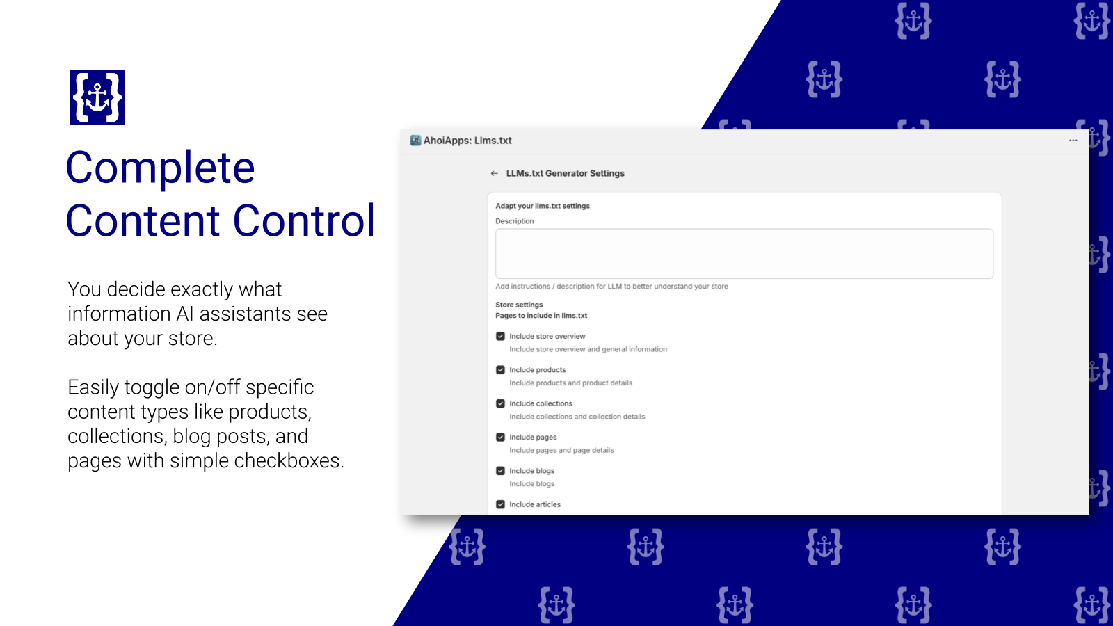 Control, what content you want to show with Ahoi Apps Llms.txt