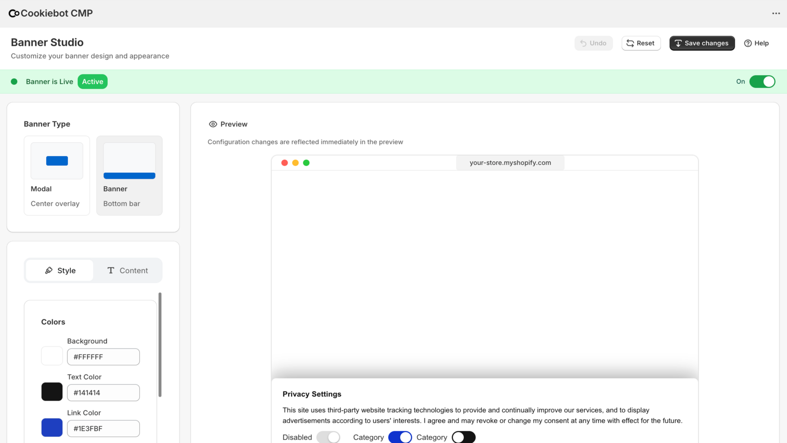 Customize Shopify cookie consent banner layout for GDPR