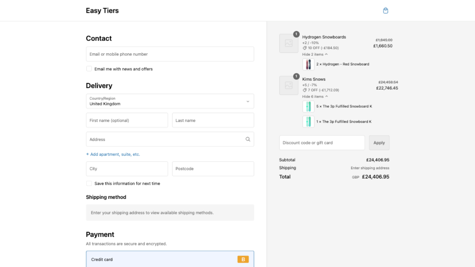 Checkout page with tiers