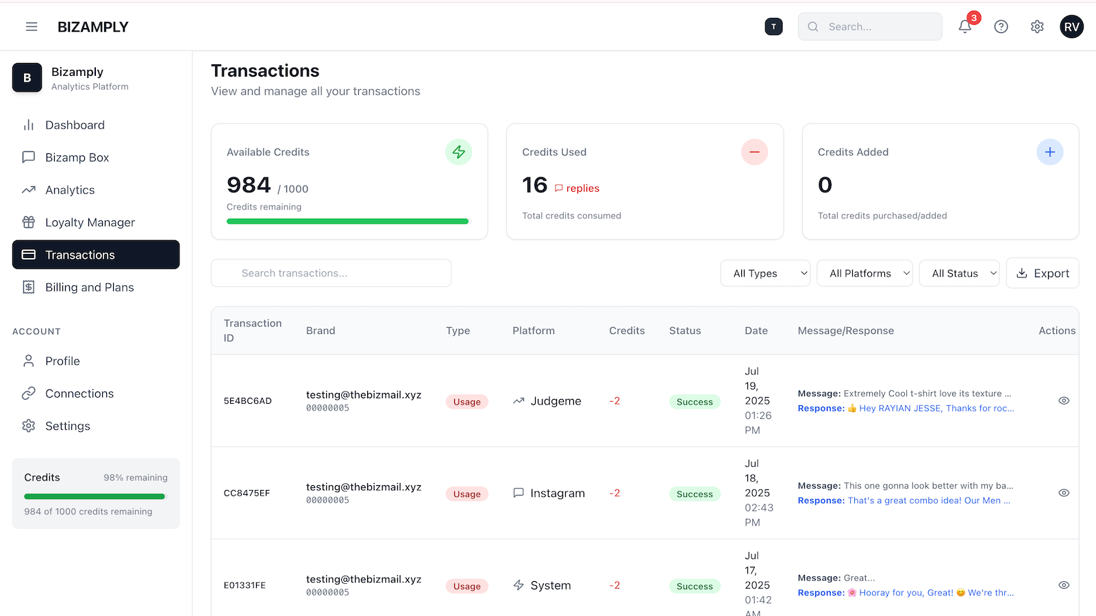 Bizamply Transactions page keeps track of expenses