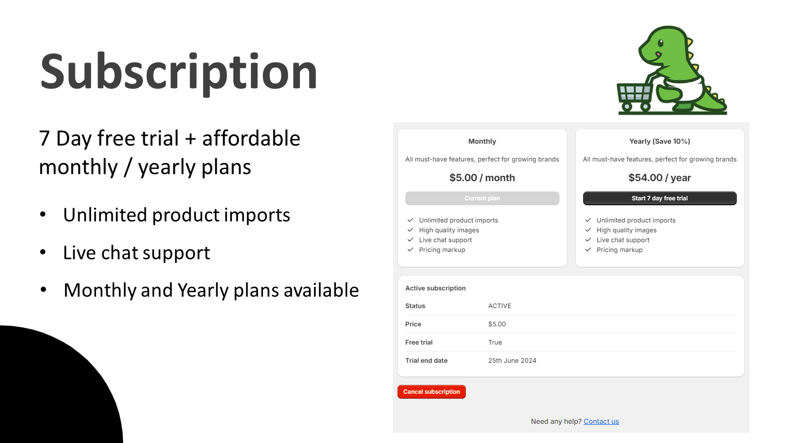 Shopazon Product Lister Subscription Plans