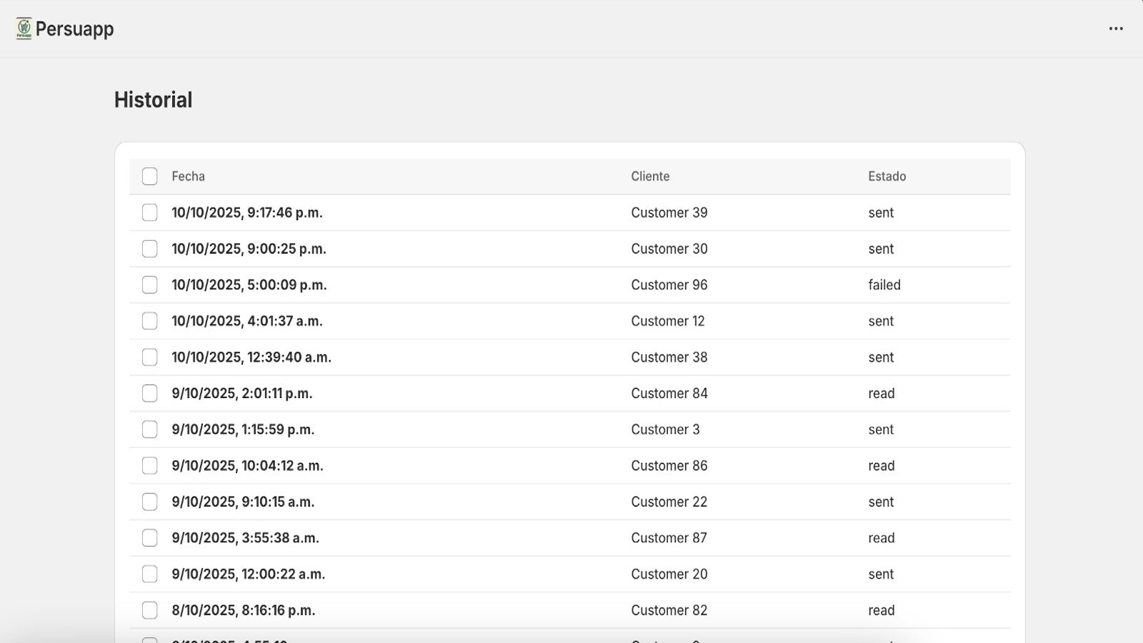 Historial de envíos de recordatorios para carritos pendientes. 