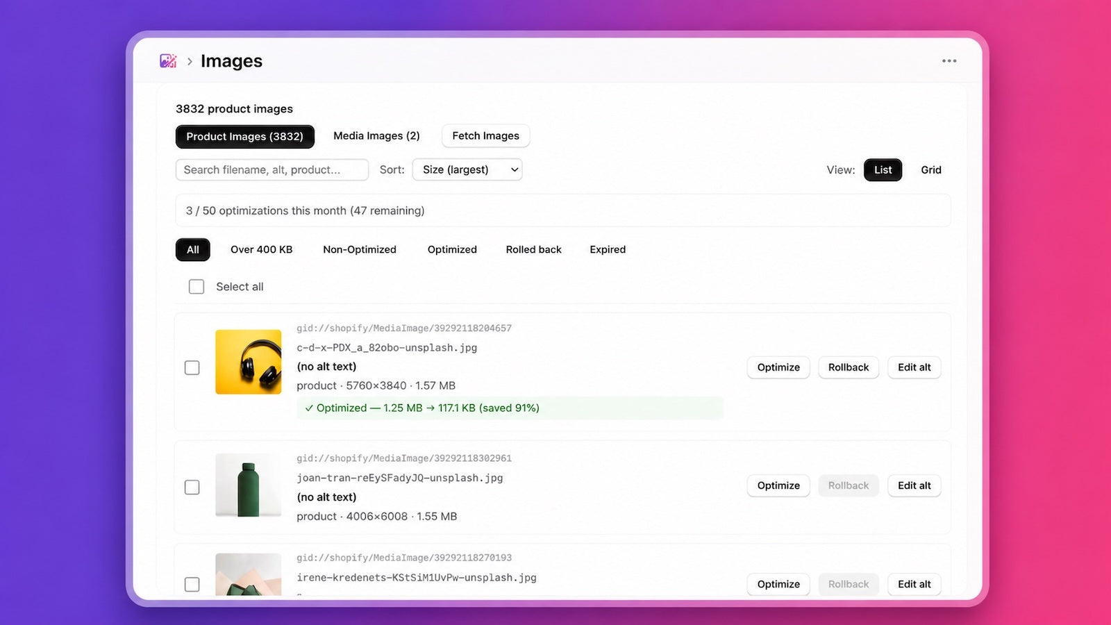 Image Optimizer listing, filters and alt text with AI