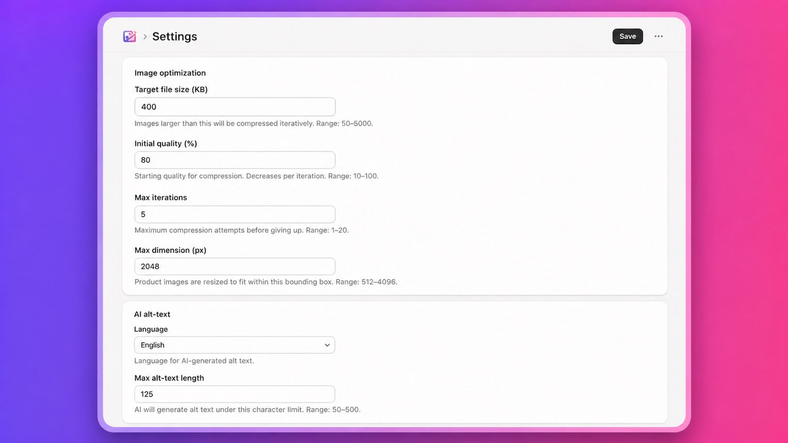 Image Optimizer Settings
