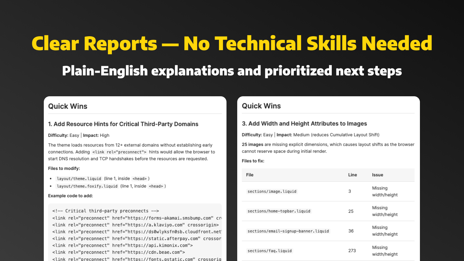 Plain-English reports with clear steps to fix speed issues
