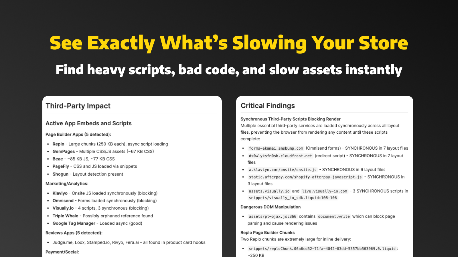 Detailed analysis showing apps and code slowing your store