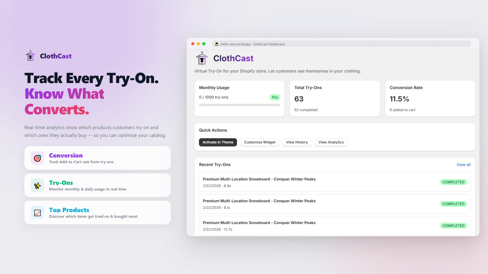 Admin dashboard: try-on analytics and usage tracking