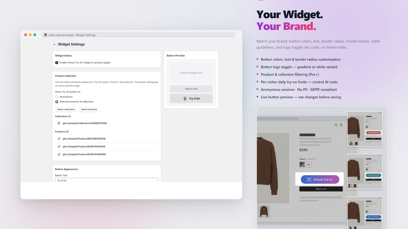 Widget settings: button colors, text, logo toggle