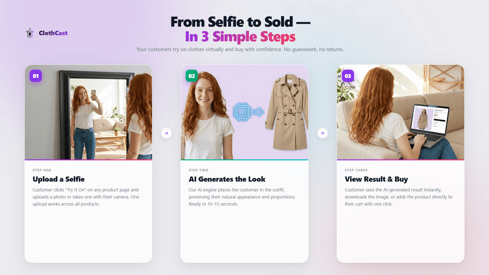 3 steps: upload selfie, AI generates look, buy
