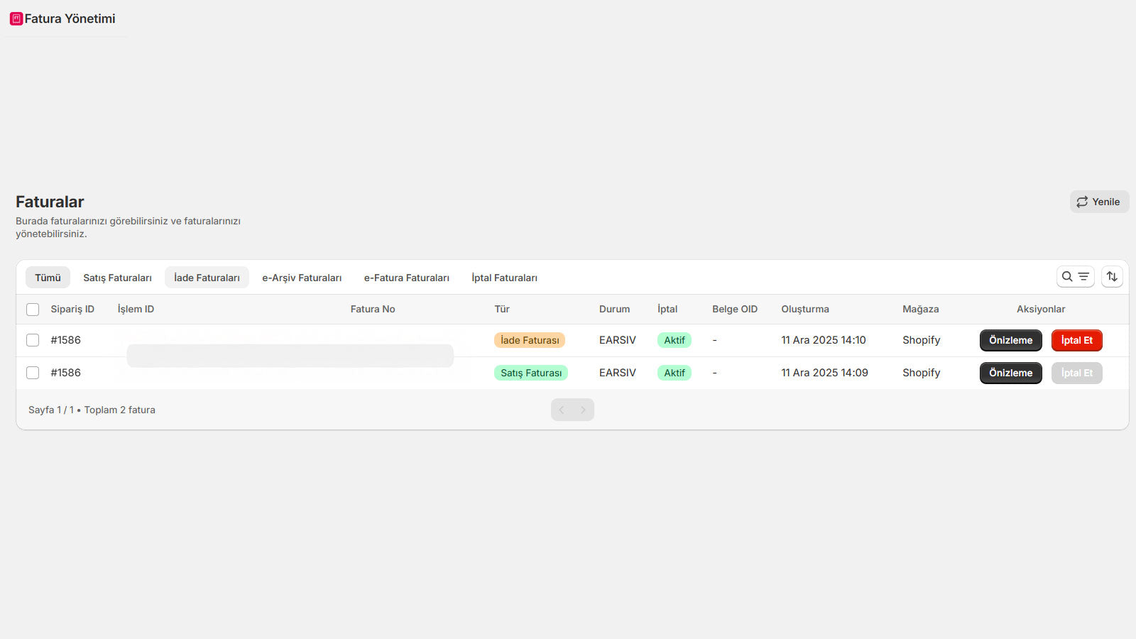 Fatura Yönetimi Fatura Ekranı