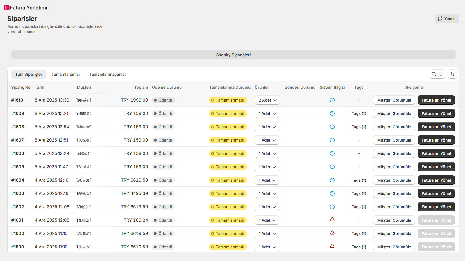 Fatura Yönetimi Sipariş Ekranı