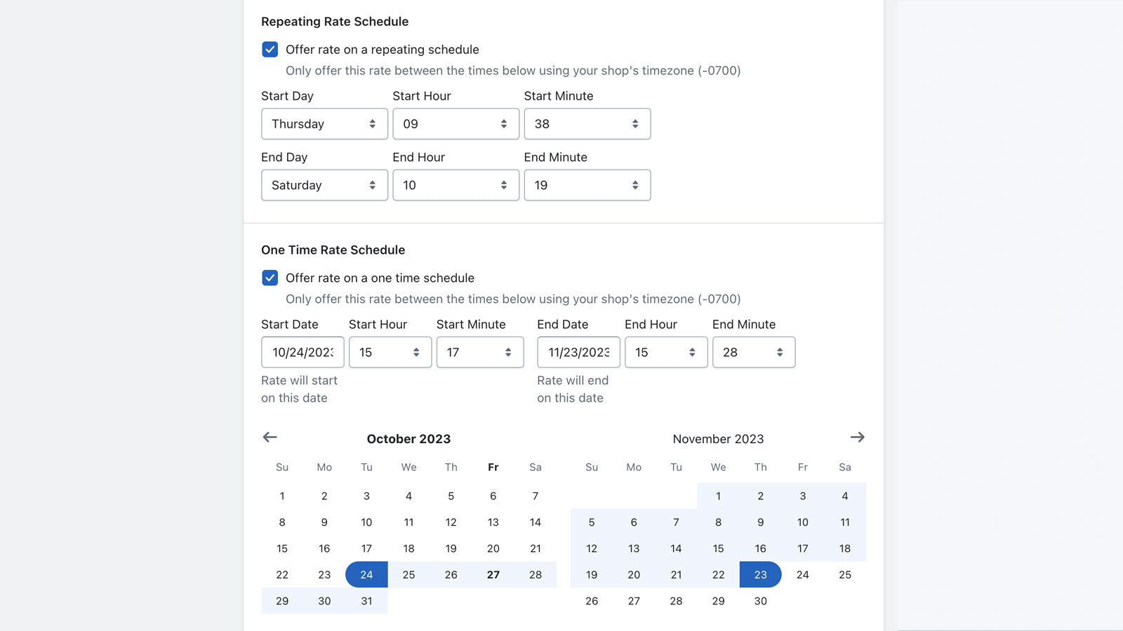 Schedule one time or weekly repeating rates
