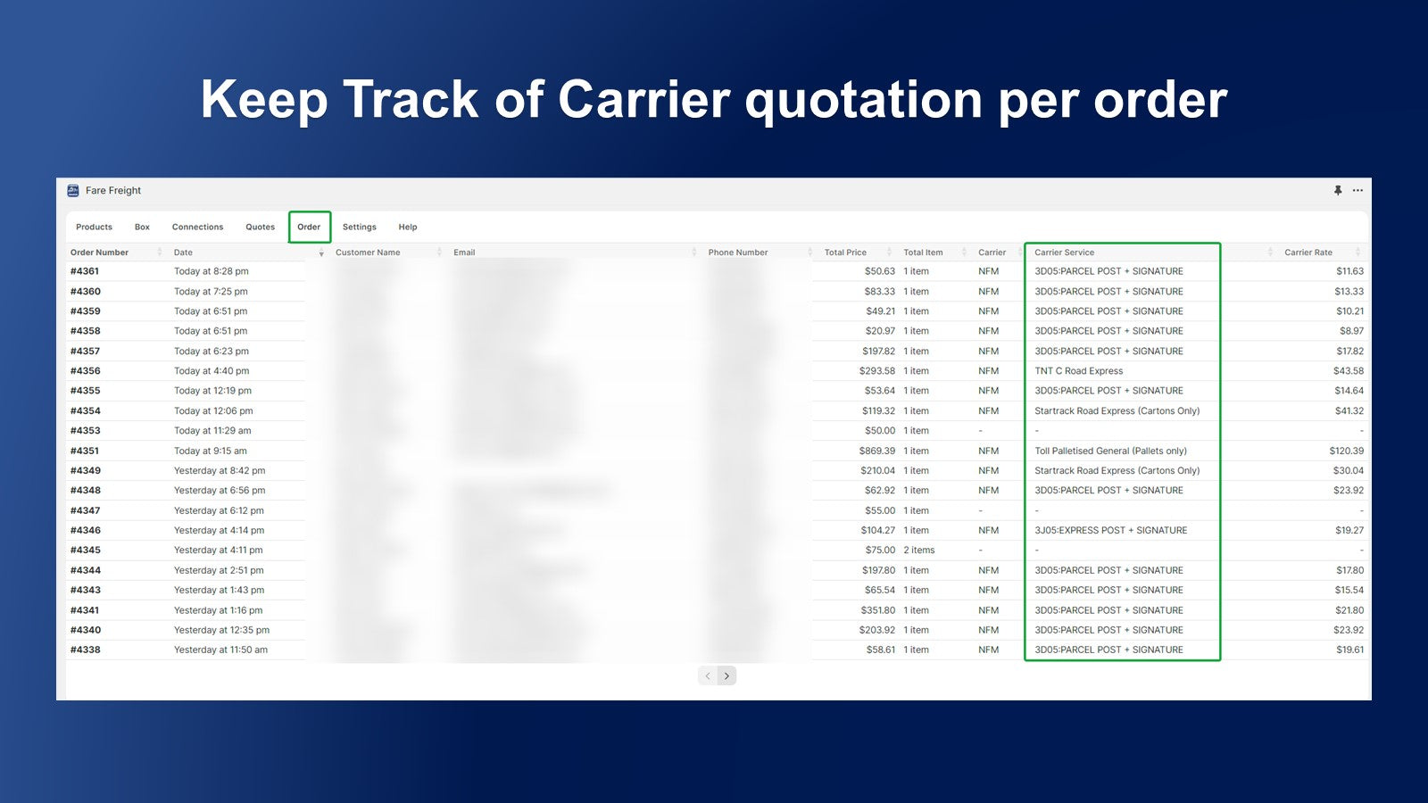 Keep Track of Carrier quotation per order