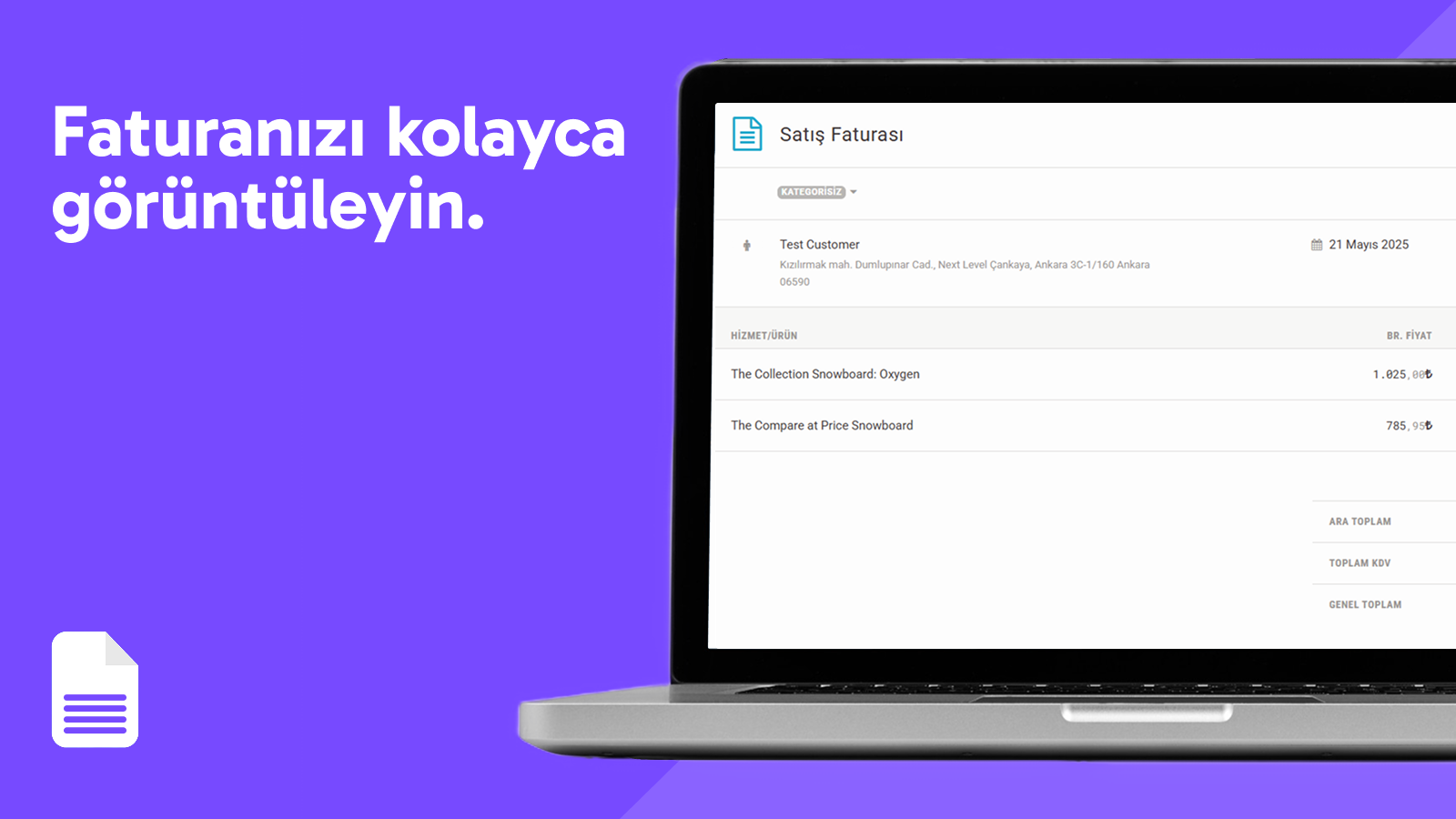 Oluşturulan e-fatura önizlemesi.