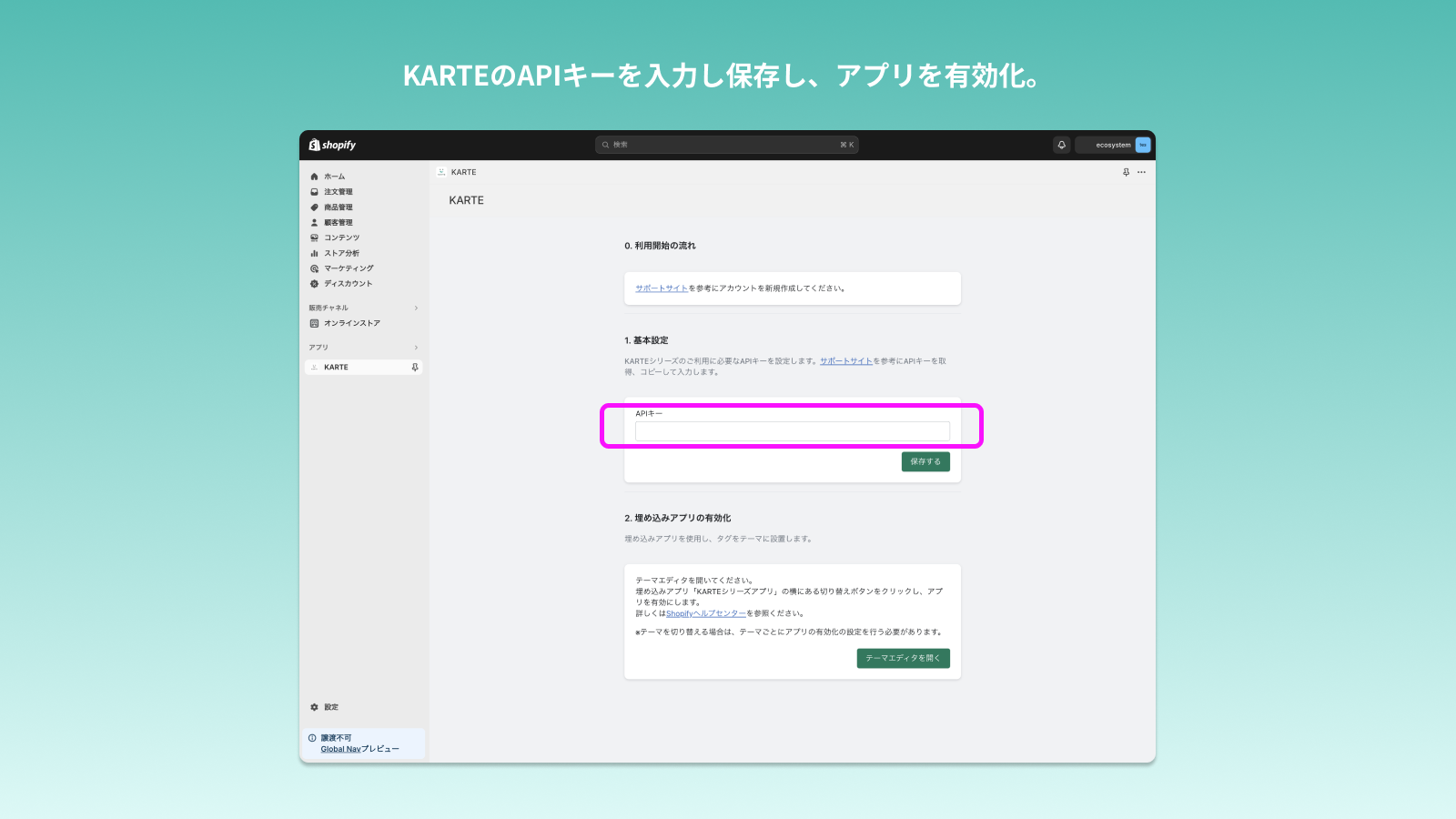 KARTEのAPIキーを入力し、アプリを有効化。