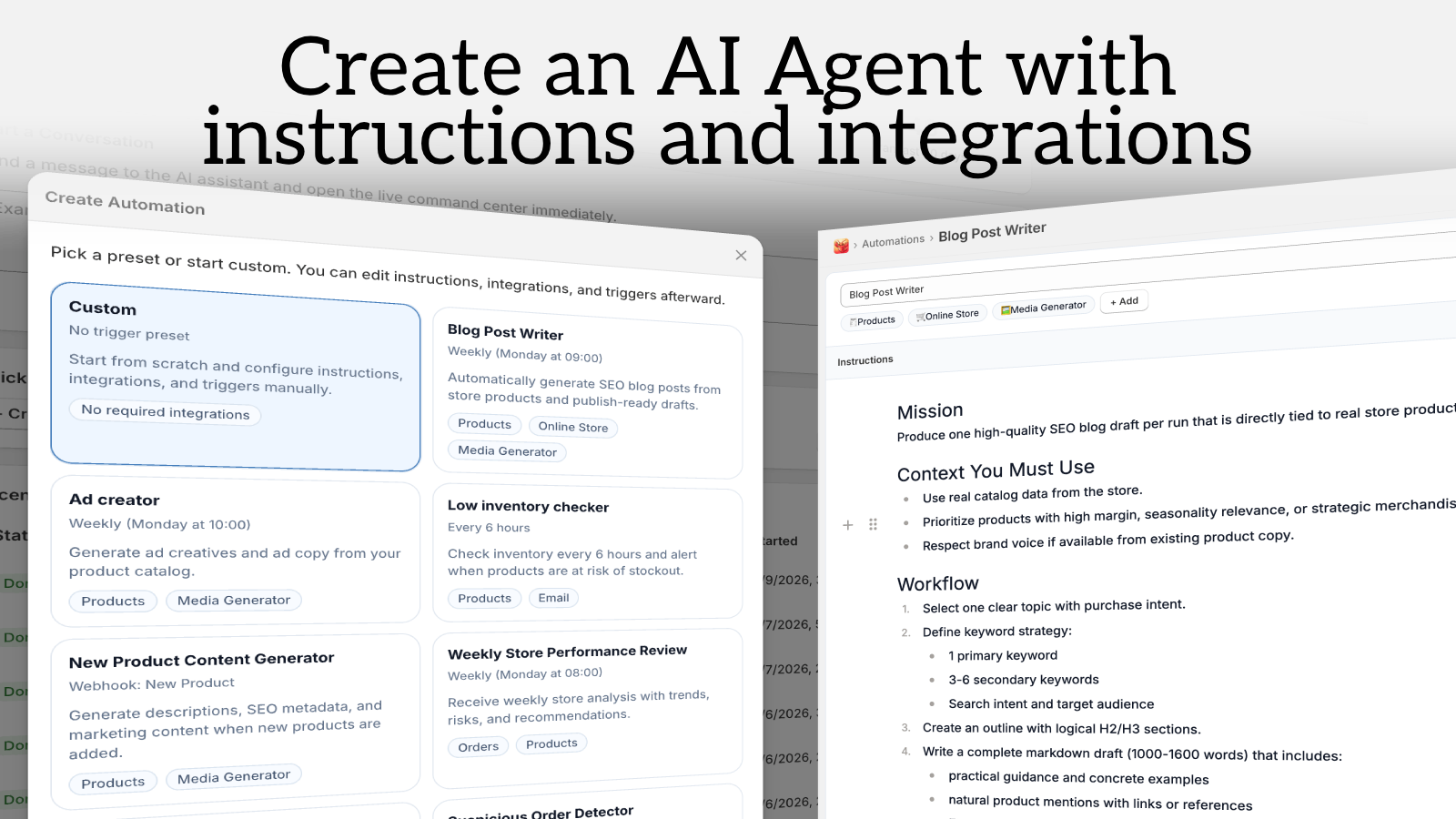 Create an AI Agent with instructions and integrations