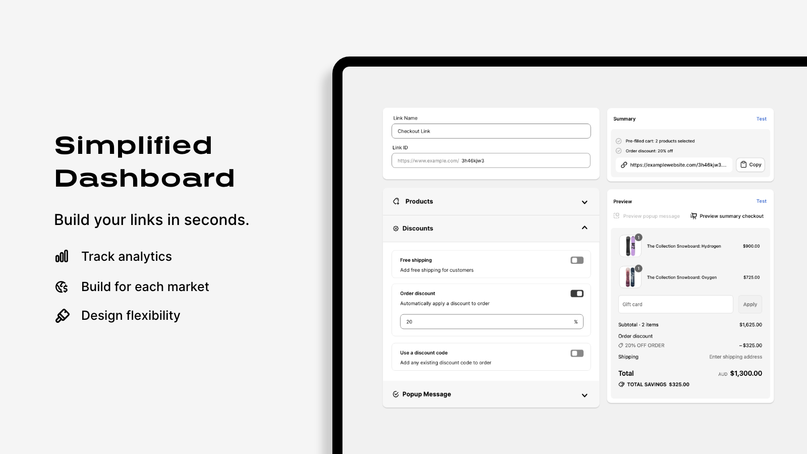 one click checkout links app interface