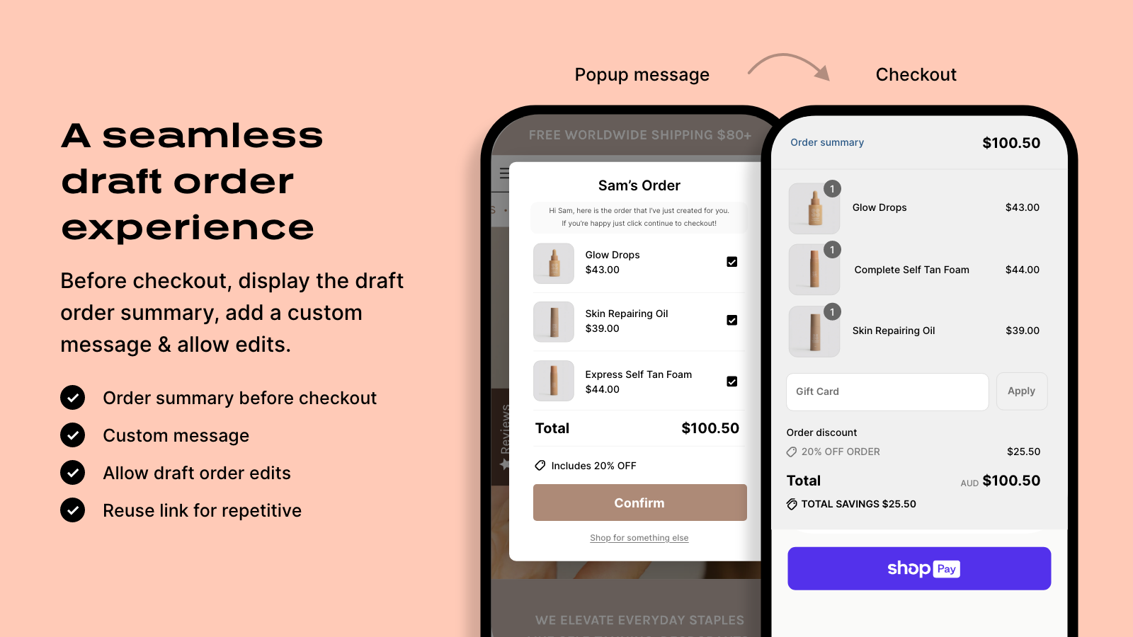 one click checkout links popup message