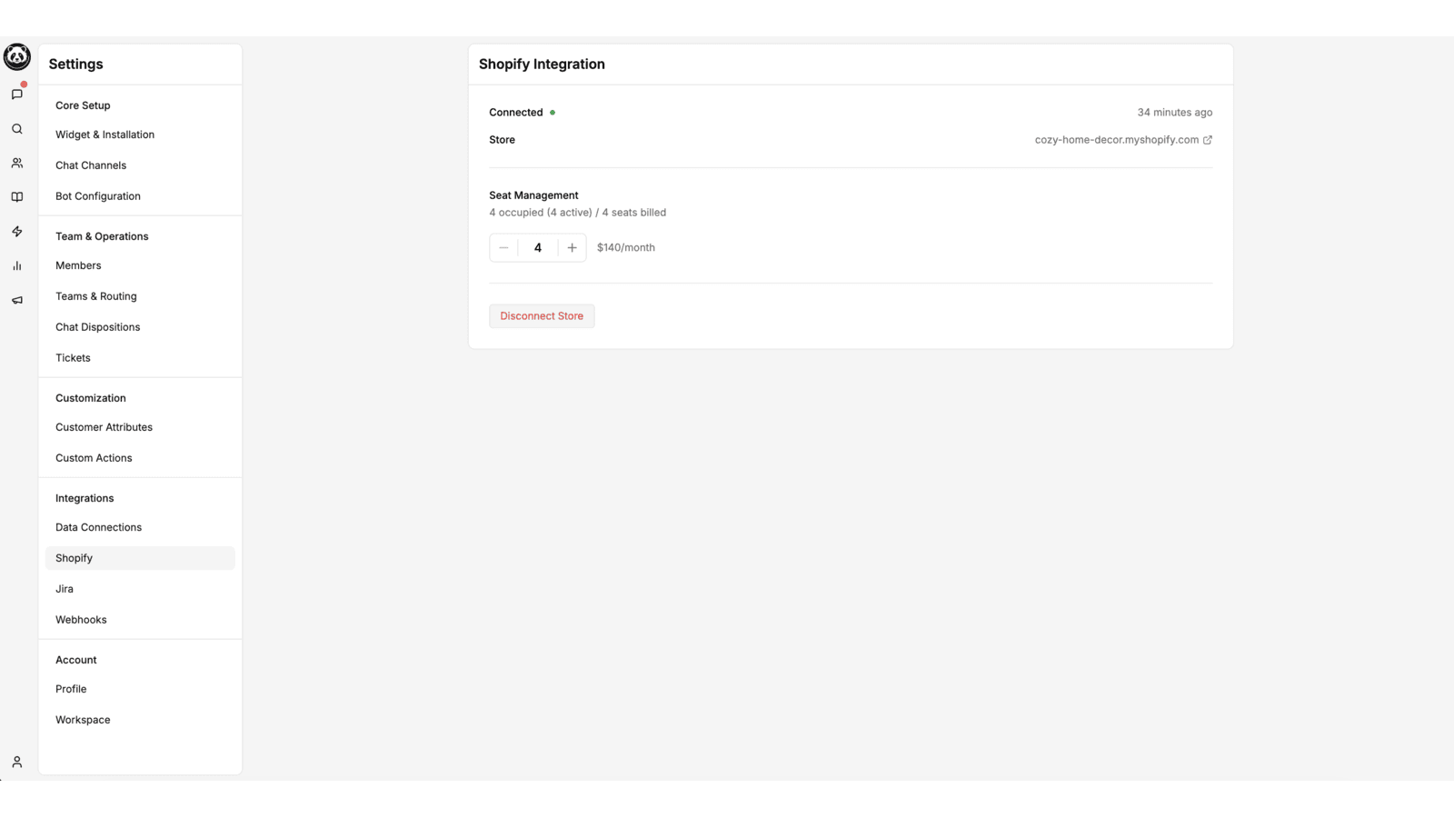 Shopify integration settings with trial status and billing info