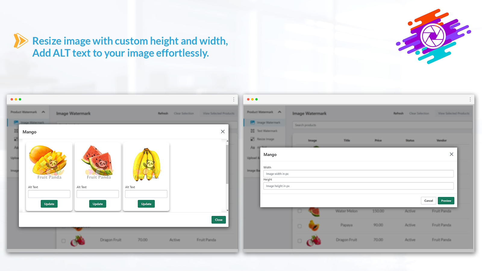 Resize image with custom height and width, Add ALT text to .