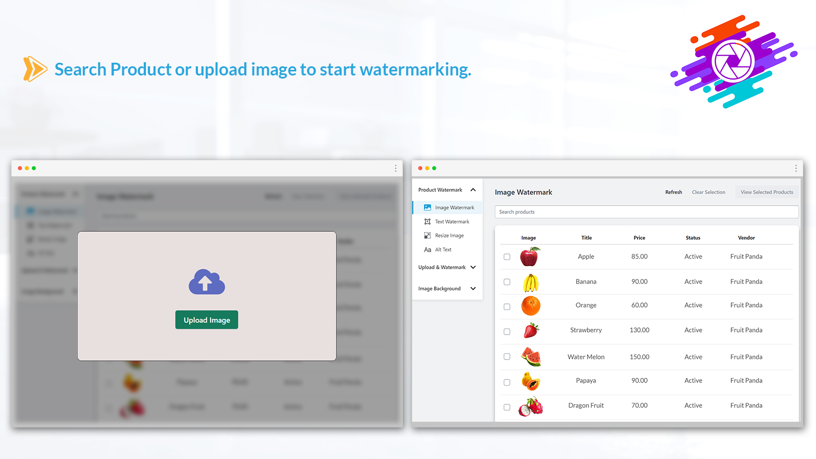 Search Product or upload image to start watermarking.