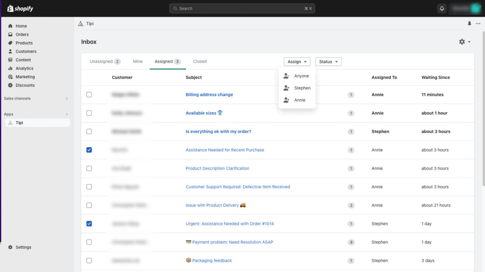 Tipi Help list of tickets