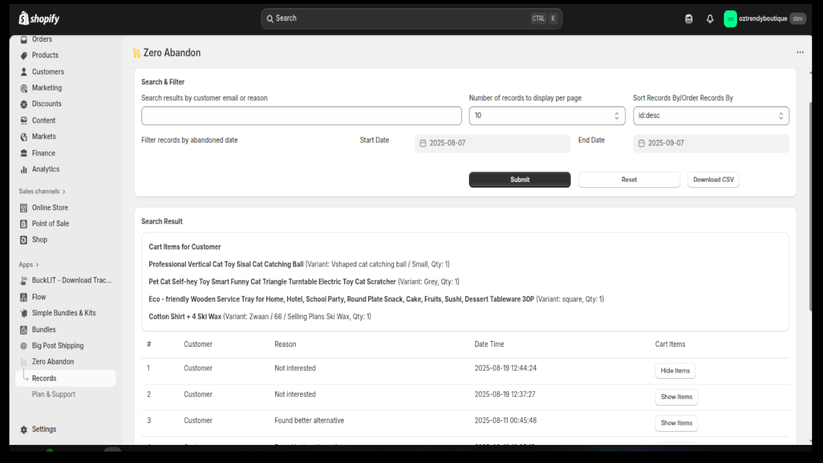 Abandoned Cart Details with Customer Feedback