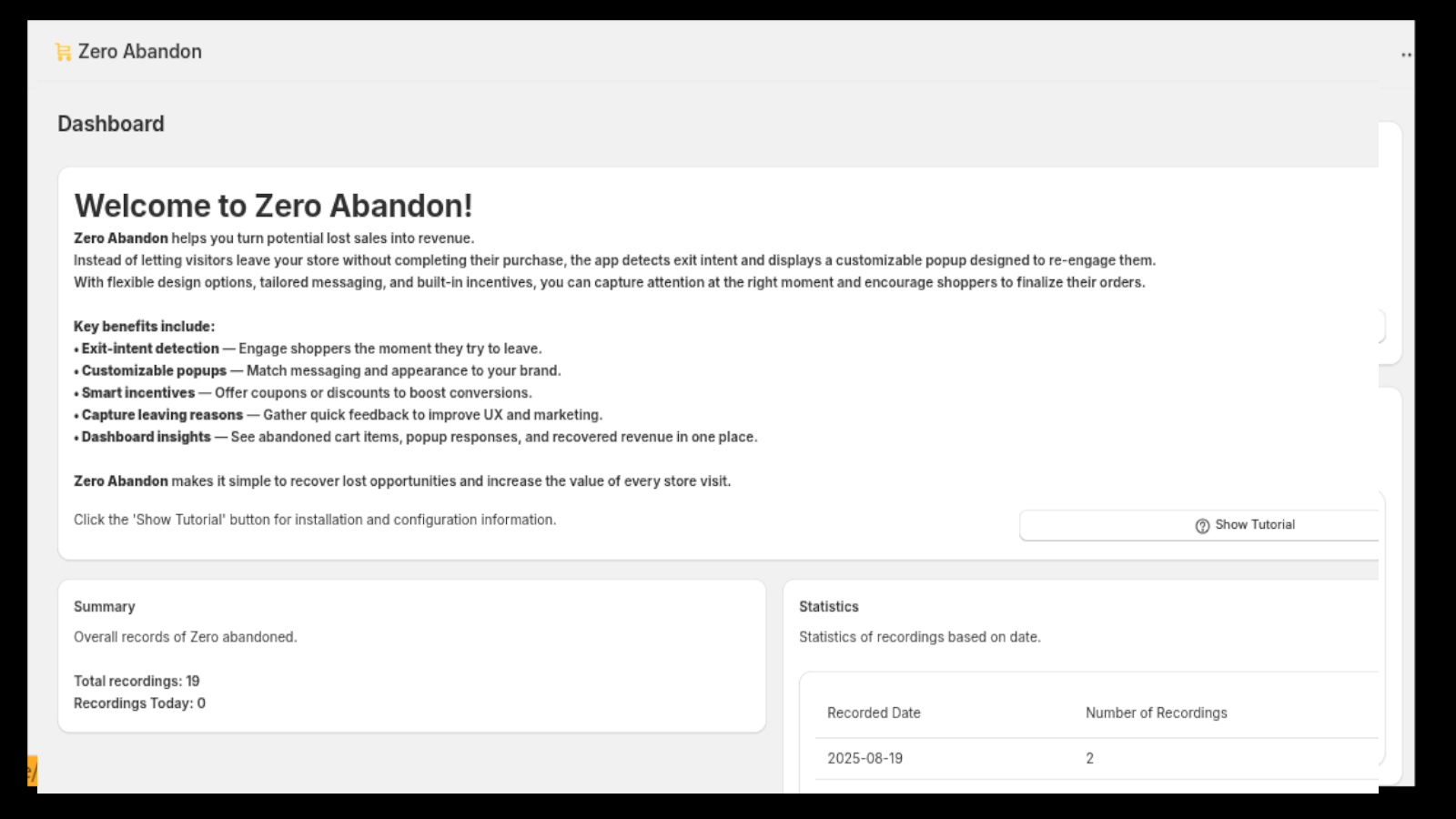 Admin Dashboard Stats for Cart Recovery