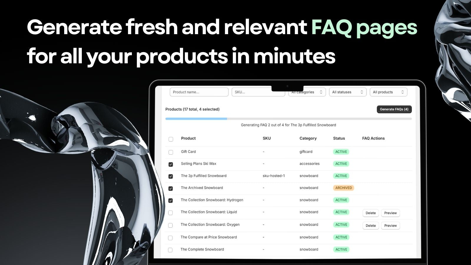 Generate fresh and relevant FAQ pages for all your products
