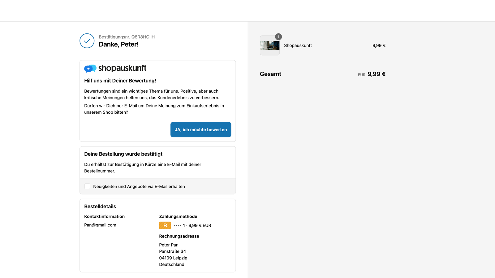 Screenshot der Bewertungsabfrage auf der Bestellabschlussseite