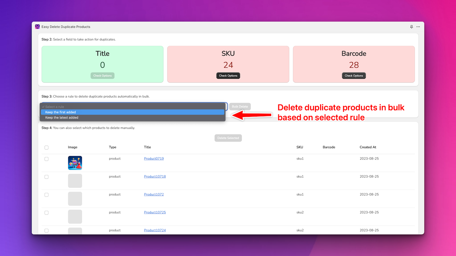 Delete duplicate products & variants in bulk by SKU or barcode