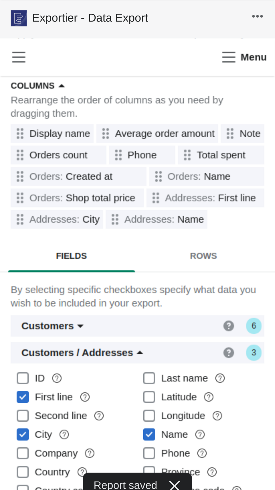 Customize Shopify store reports with various fields and filters on mobile