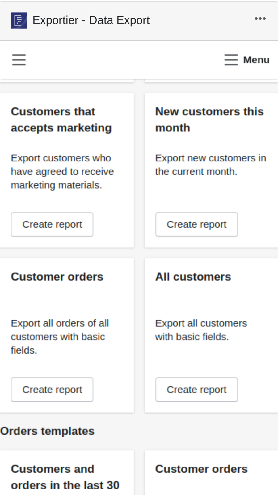 Manage Shopify data export with advanced reports templates on mobile