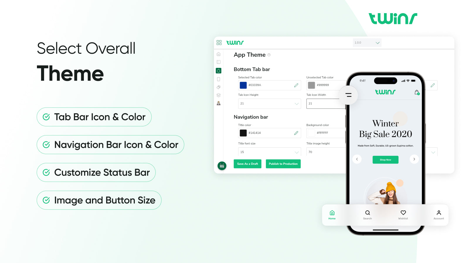 Twinr mobile app builder Theme setup