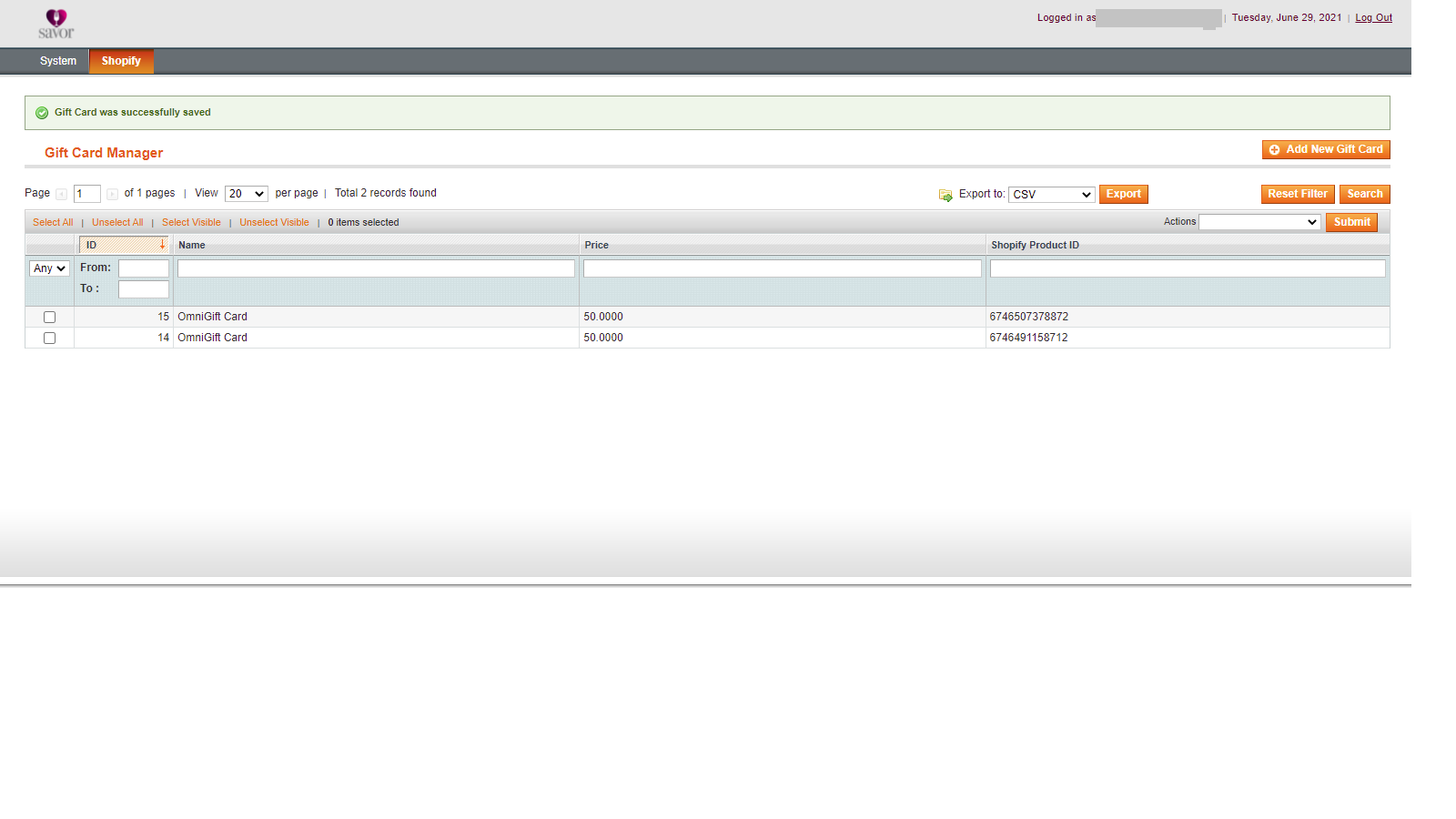 Post OmniGift card creation - manage gift cards
