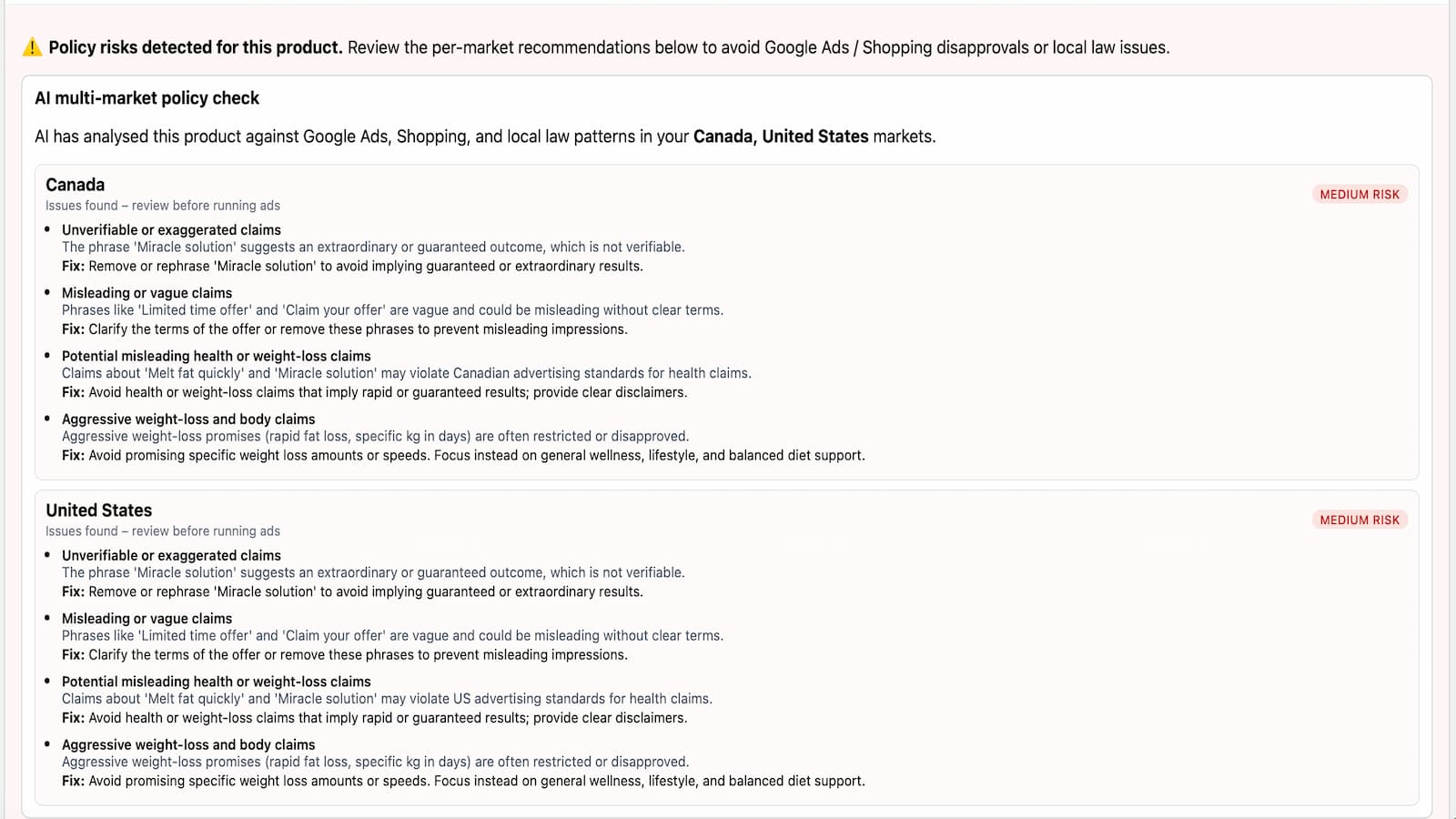Scan results listing products with Google Ads/law wording issues
