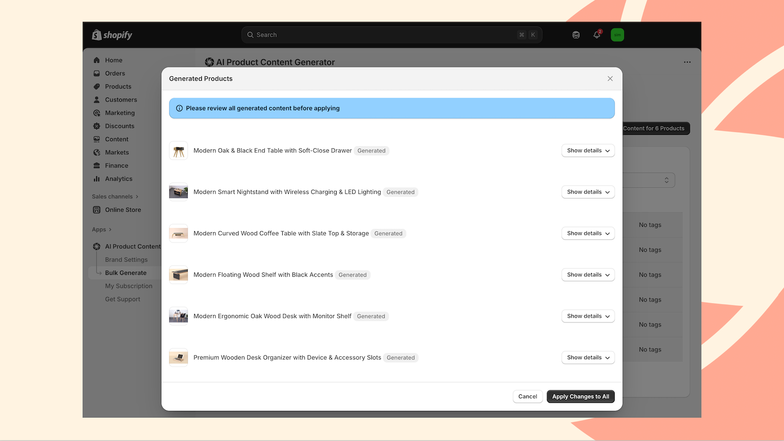EcommAI generated content of multiple products at bulk