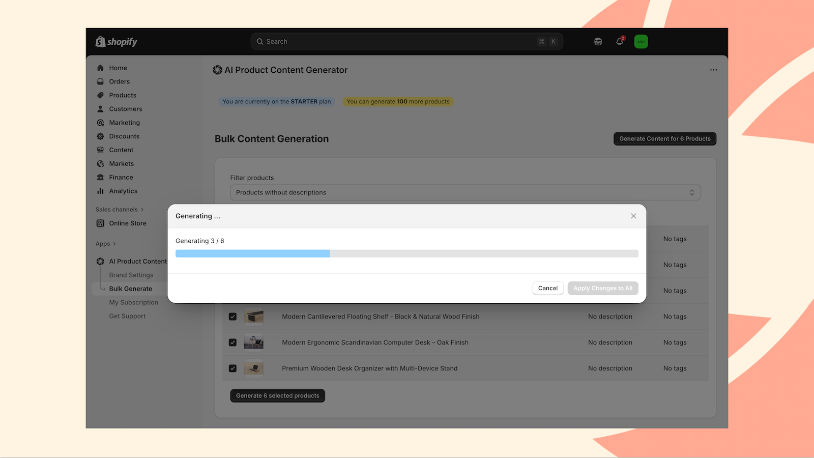 EcommAI busy generating bulk content for multiple products