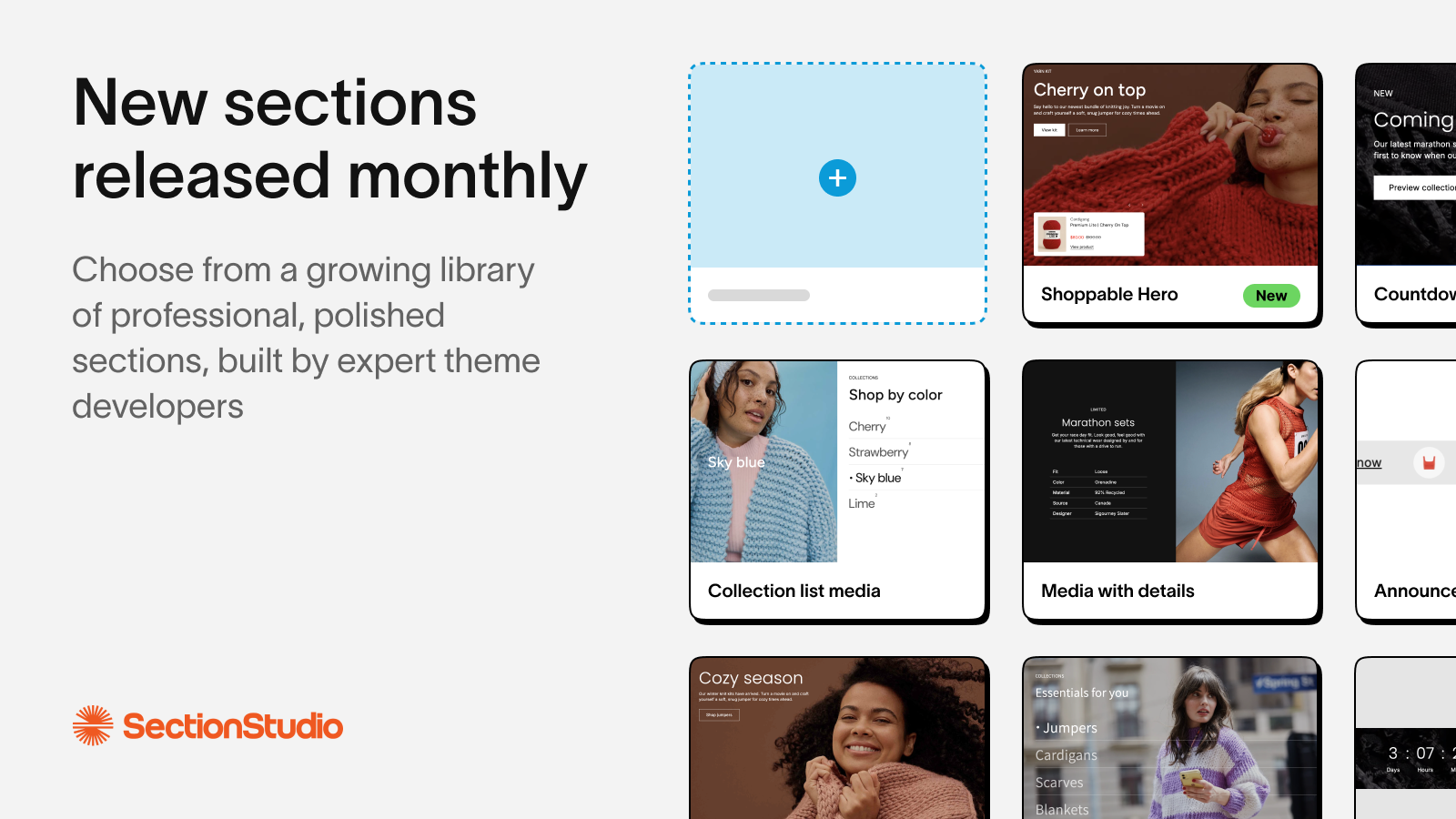 Text: new sections released monthly. Images: sample sections.